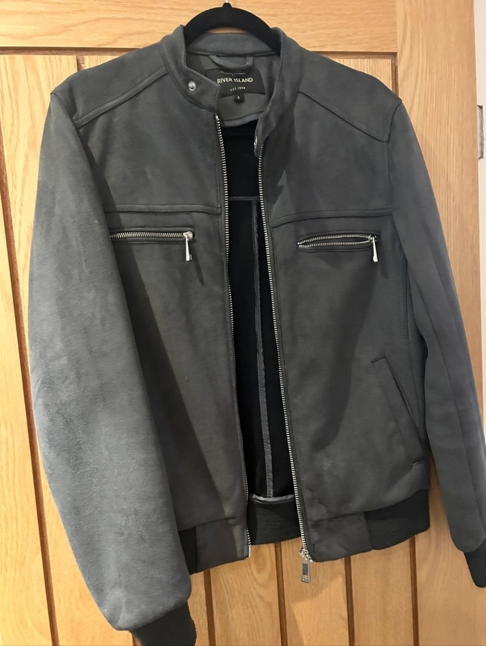 River Island Charcoal Gray Suede Bomber Jacket